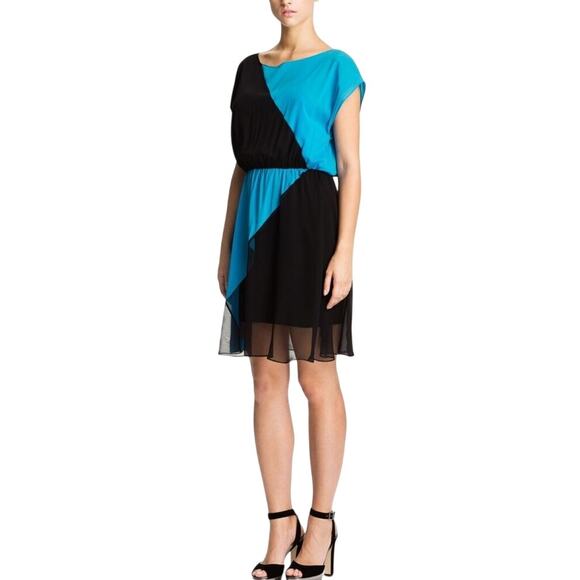 Alice + Olivia Color Block Silk Dress | L, Malibu Blue/Black, Cocktail Mini $368 - Picture 2 of 4